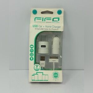 NEW Fifo USB Car & Home Charger 4ft cable White for IPhone 4
